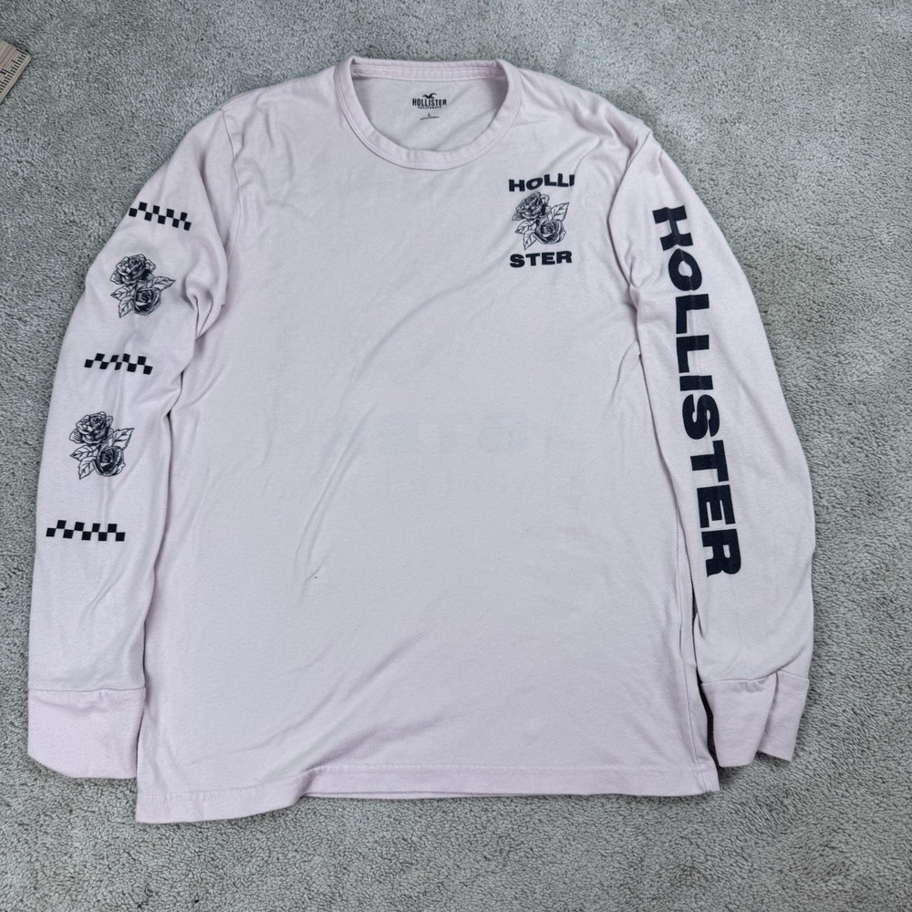 Hollister Mens Pink Logo California Graphic Long Sleeve Crew Neck Shirt Y2K SZ L